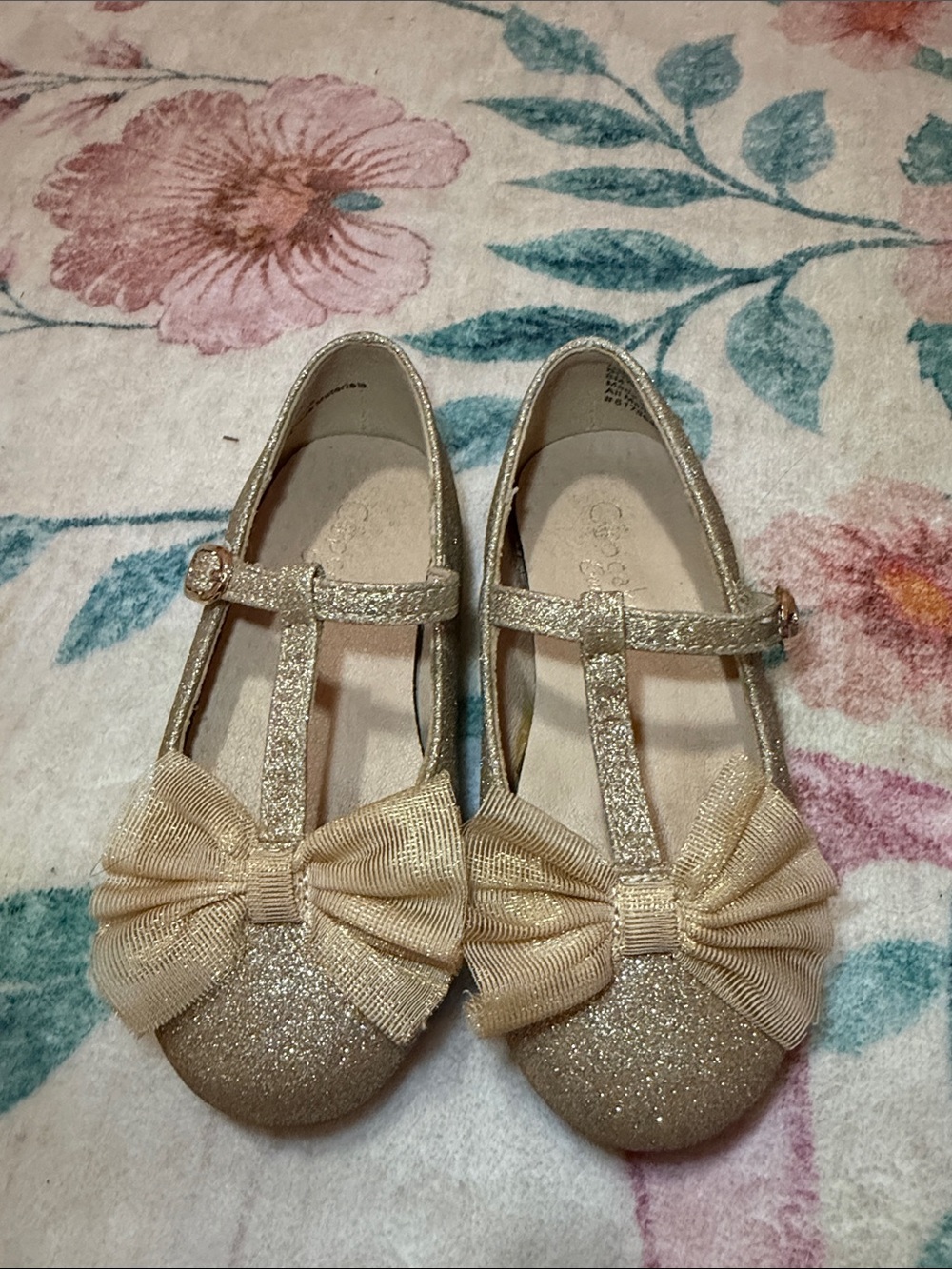 Girls Glitter T-Strap Dress Shoes with Bow - Champagne